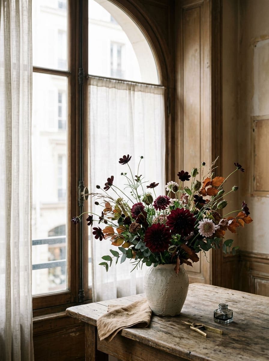 Grand bouquet de dahlias et de cosmos dans un vase, près d'une fenêtre parisienne