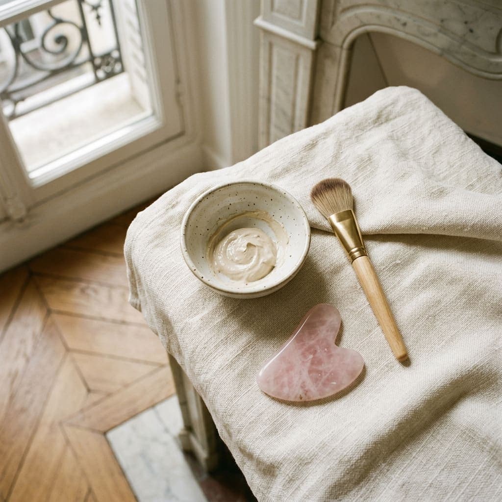 Masque et pinceau sur lin ivoire