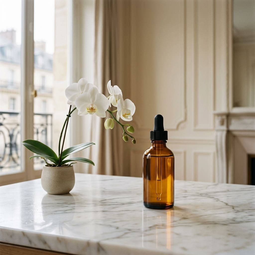 Flacon ambré et orchidée blanche